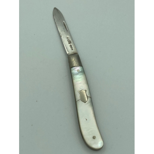 490 - Antique SILVER BLADED FRUIT KNIFE with mother of pearl handle and  having clear Hallmark for Sheffie... 