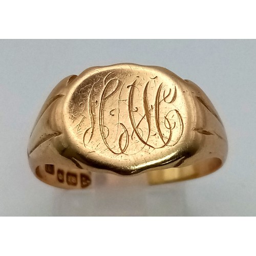 163 - 18K YELLOW GOLD VINTAGE SHIELD SIGNET RING, WEIGHT 7.3G SIZE U