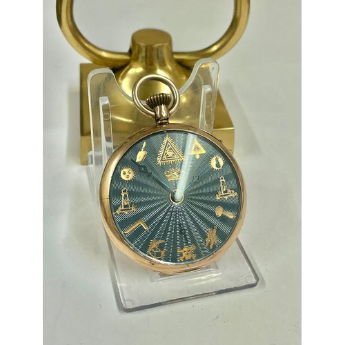 1 - Vintage gents 9ct gold pocket watch with Masonic dial & stand , working but sold with no guarantees