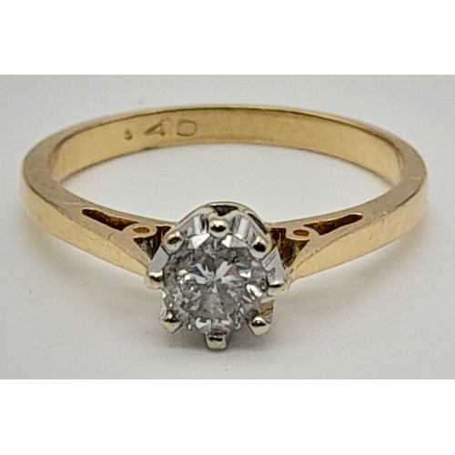 67 - An 18K Yellow Gold Diamond Solitaire Ring. Brilliant round cut 0.4ct. Size M. 2.8g total weight.