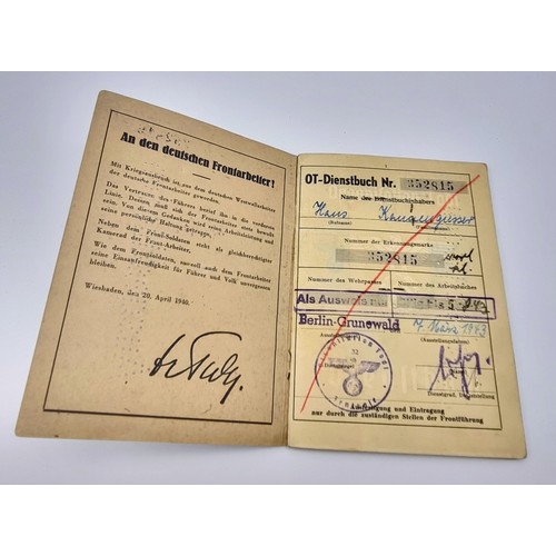 111 - RARE 3rd Reich Organisation Todt Dienst Buch (Service Book) with lots of stamped entries in his meda... 