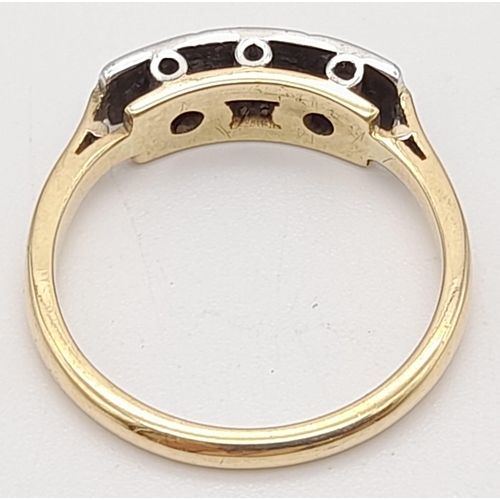 74 - An 18K Yellow Gold and Platinum Vintage Diamond Three-Stone Ring. Size R. 3.8g total weight.