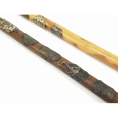 485 - Two Interesting 1930 German/Swiss Stalking Canes - One is Decorated with German Place Emblems. Hand ... 