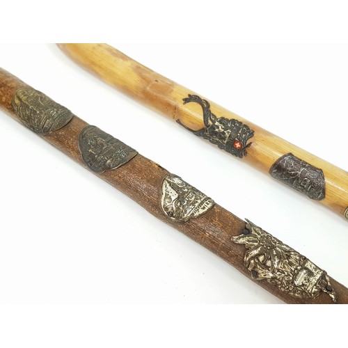 485 - Two Interesting 1930 German/Swiss Stalking Canes - One is Decorated with German Place Emblems. Hand ... 