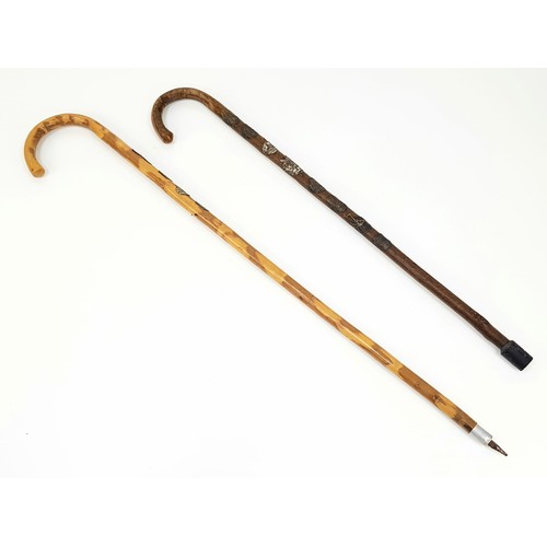 485 - Two Interesting 1930 German/Swiss Stalking Canes - One is Decorated with German Place Emblems. Hand ... 