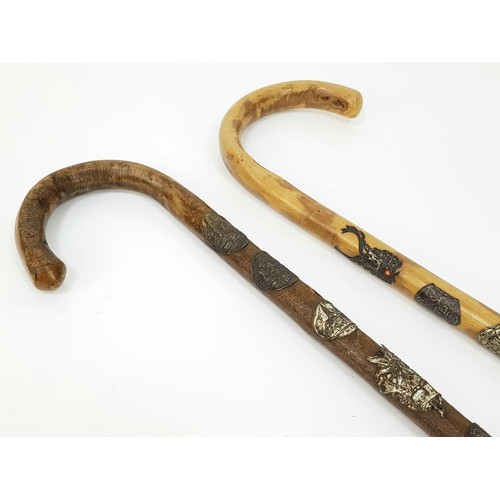 485 - Two Interesting 1930 German/Swiss Stalking Canes - One is Decorated with German Place Emblems. Hand ... 