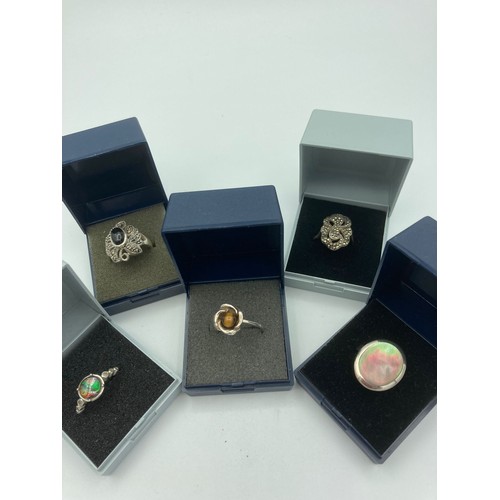 476 - 5 x Quality SILVER RINGS to include Tigers eye, Black onyx ,Marcasite,Opal etc. All rings individual... 