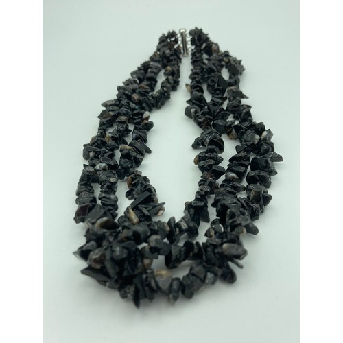 174 - Black rough cut TOURMALINE NECKLACE having three rows and closing with a genuine SILVER CLASP. Quali... 