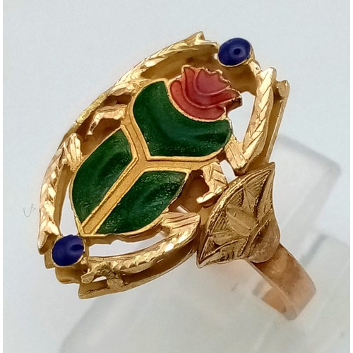 199 - AN UNUSUAL 18K YELLOW GOLD FANCY ENAMELLED RING, WEIGHT 5.1G SIZE L