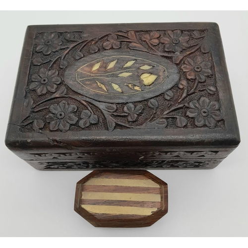 576 - Two Antique Trinket Boxes with Inlaid and Carved Decoration. 15 x 9cm. 7 x 3.5cm