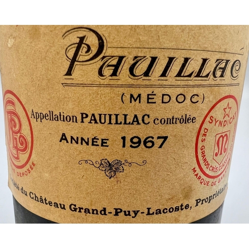 439 - A Bottle of 1967 Chateau Grand-Puy-Lacoste Red Wine - From the French Pauillac Region. A/F