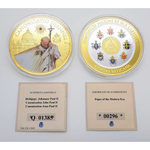 1038 - Two Large Papal Medallions With Certificates of Authenticity.
70mm  diameter.