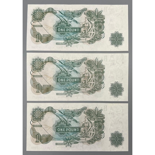 1087 - Three High-Grade JB Page Consecutive Bank Of England One Pound Notes.