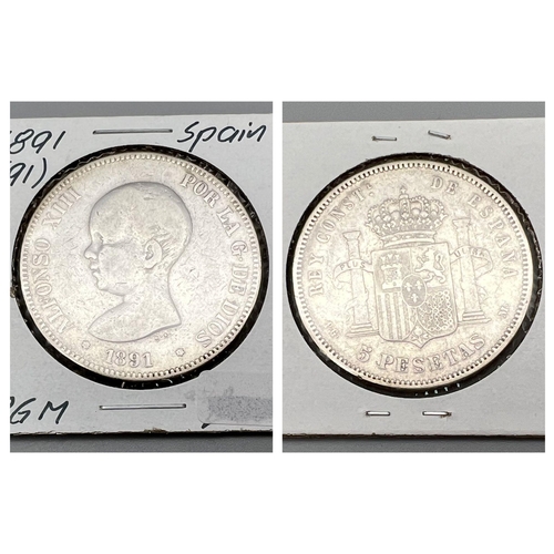 1191 - An 1891 Spanish 5 Pesetas Silver Coin. Please see photos for conditions.