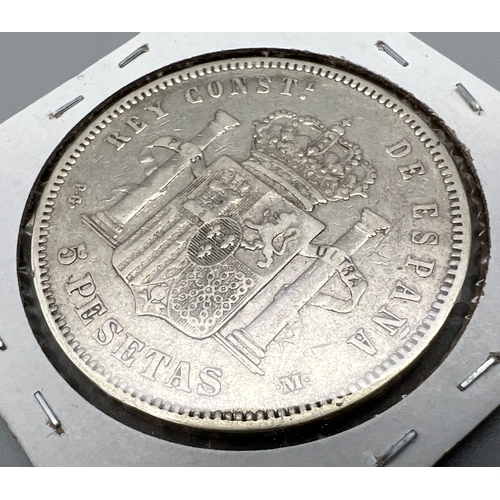 1191 - An 1891 Spanish 5 Pesetas Silver Coin. Please see photos for conditions.