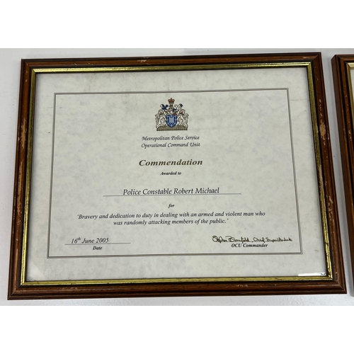 172 - Three Framed Police Commendations For Metropolitan Police Supercop Robert Michael. Includes the 2005... 