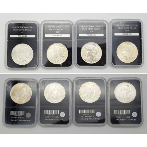 25 - Four Uncirculated Silver Peace Dollar Coins. 1922, 1923, 1924 and 1925. All encapsulated in protecti... 