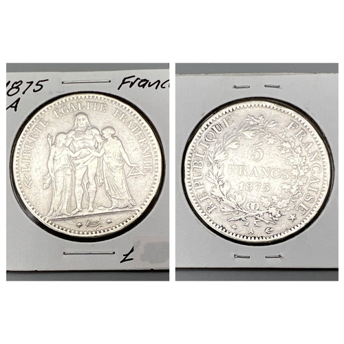 807 - An 1875 French Silver Five Franc Coin. Please see photos for conditions.