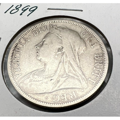 833 - An 1899 Queen Victoria Silver Half Crown Coin. Please see photos for conditions.