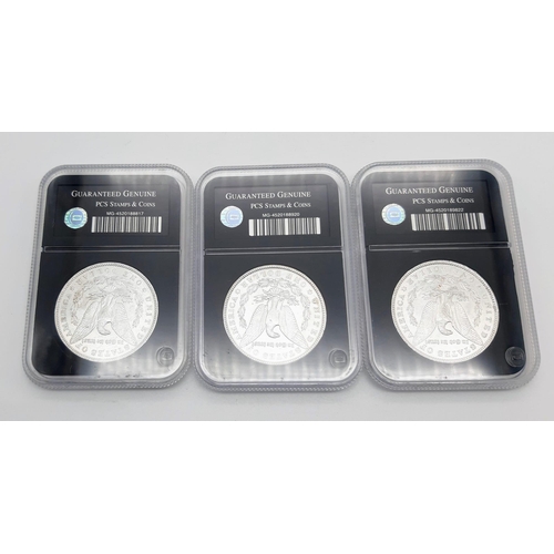 9 - Three Uncirculated Morgan Silver Dollars. 1888, 1889 and 1898. All encapsulated in protective barcod... 