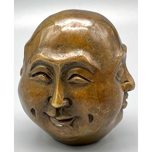 209 - An antique, Chinese, bronze FOUR FACES OF BUDDHA, depicting the four phases of life: joy, sorrow, an... 