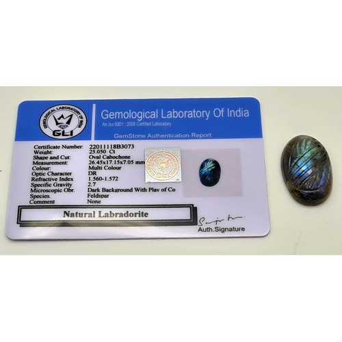 1254 - 25.05 Ct Carved Labradorite, Oval Shape, GLI Certified