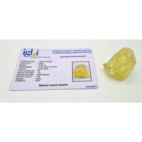 1260 - 97.94 Ct Rough Lemon Quartz, IGL&I Certified