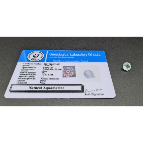 1278 - 1.65 Ct Aquamarine, Round Shape, GLI Certified