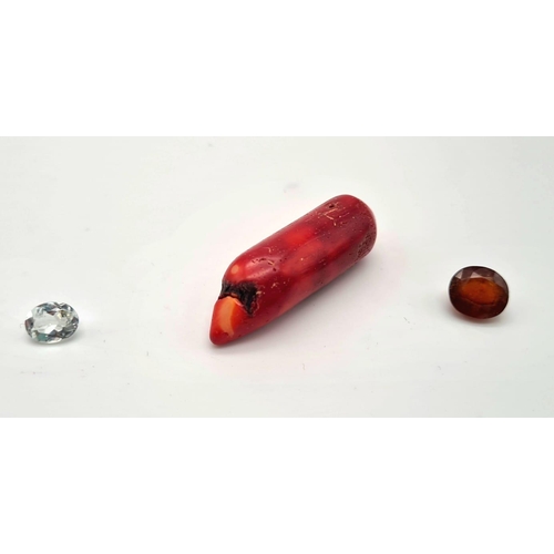 1290 - Lot of 3 Gems: 1.80 Ct Aquamarine, 6.30 Ct Hessonite garnet & 60.95 Ct Red Coral, Oval Shape, GLI Ce... 