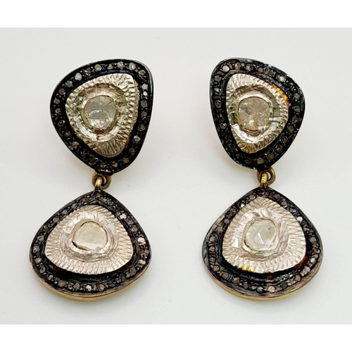 1310 - A Pair of 14g Antique Style Polki Diamond Dangler Earrings in 925 silver, yellow finish.