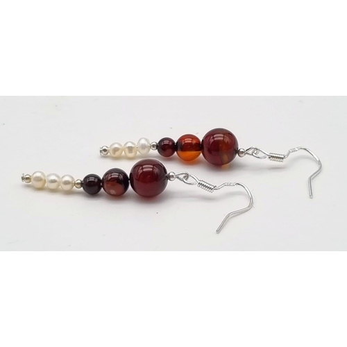 938 - A Pair of 925 Silver Carnelian and Freshwater Seed Pearl Drop Earrings. 3cm