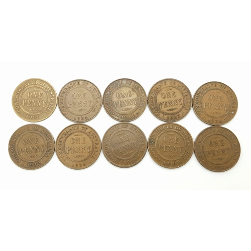 1061 - Ten Australian 1910s,20s and 30s Penny Coins. Please see photos for conditions.