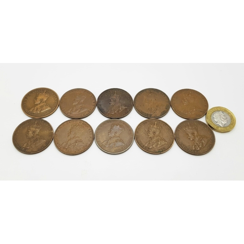 1061 - Ten Australian 1910s,20s and 30s Penny Coins. Please see photos for conditions.