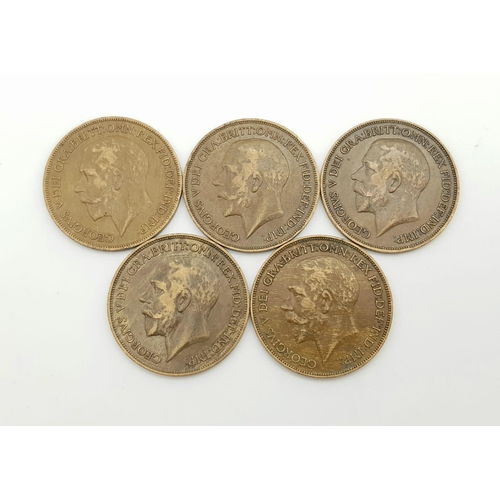 1076 - Five Collectable Grade Pennies. 1917-21.