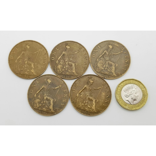 1076 - Five Collectable Grade Pennies. 1917-21.