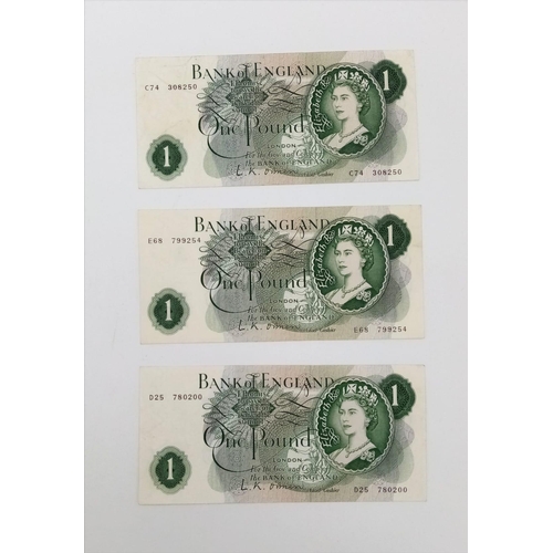 1095 - Three LK O'Briern High Grade Bank of England One Pound Notes.