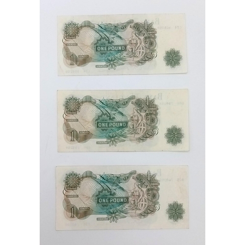 1095 - Three LK O'Briern High Grade Bank of England One Pound Notes.