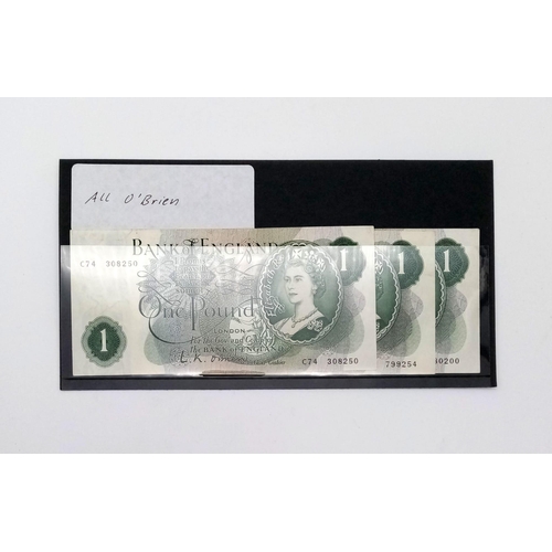 1095 - Three LK O'Briern High Grade Bank of England One Pound Notes.