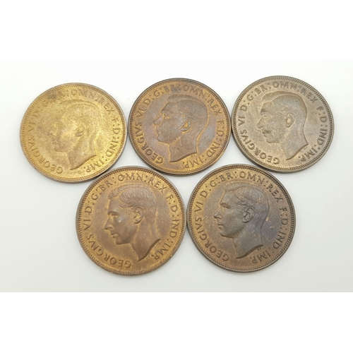 1166 - Five High Grade George VI Penny Coins- 1939-48.