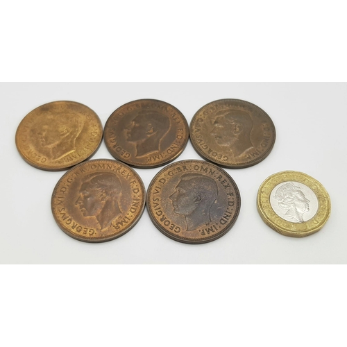 1166 - Five High Grade George VI Penny Coins- 1939-48.