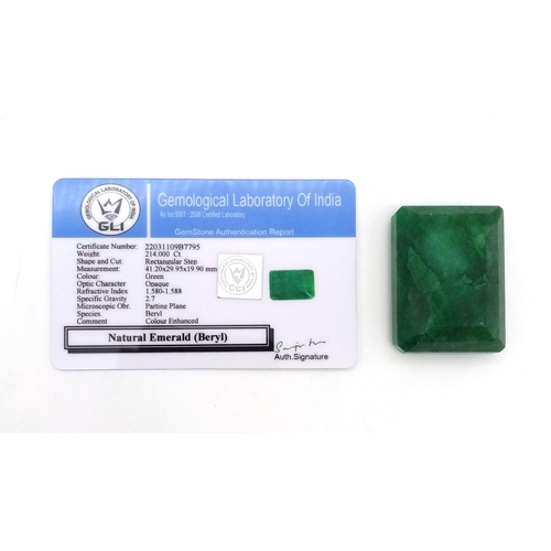 1170 - 214ct Natural Massive Size Rectangular Emerald with GLI Certificate.