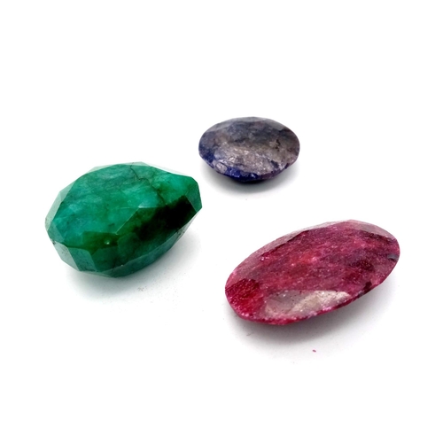 257 - Set of 3 Very Large Gems - Oval 123ct Ruby, Round 103ct Sapphire, 201ct Pear Shaped Emerald all with... 