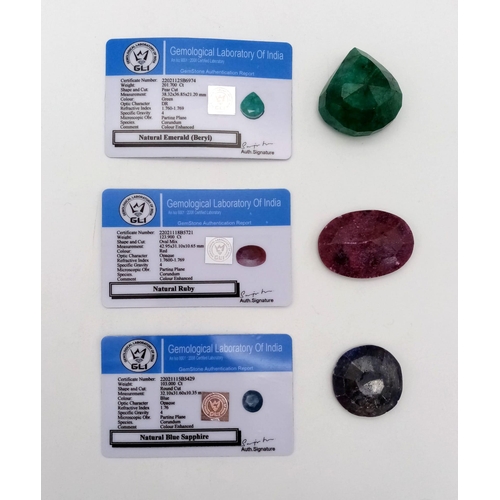 257 - Set of 3 Very Large Gems - Oval 123ct Ruby, Round 103ct Sapphire, 201ct Pear Shaped Emerald all with... 