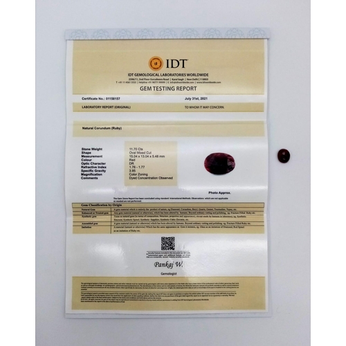 805 - 11.70ct Natural Ruby Gemstone with IDT Certificate and  UGL USA American Appraisal Report.