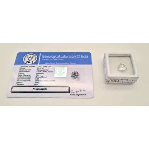 1320 - A trillion cut white moissanite with GLI certificate. Weight: 1.81 carats, dimensions: 8 x 7.5 x 5.2... 