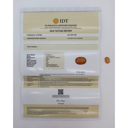 268 - 21.68ct Yellow Sapphire Gemstone with a IDT Report and  UGL USA American Appraisal Report.