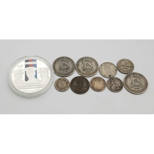 481 - A Selection of Vintage and Antique Silver Coins Plus a Commemorative Battle of Britain Five Pound Pr... 