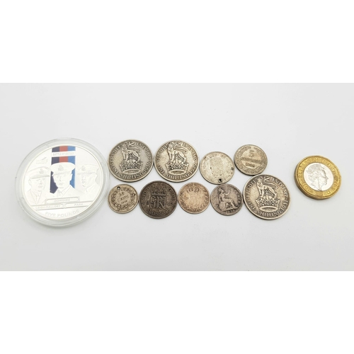 481 - A Selection of Vintage and Antique Silver Coins Plus a Commemorative Battle of Britain Five Pound Pr... 