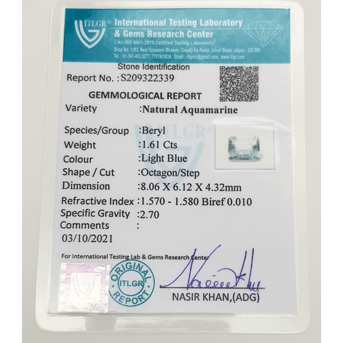 844 - 1.61ct Aquamarine Rectangular AAA with  UGL USA American Appraisal Report.