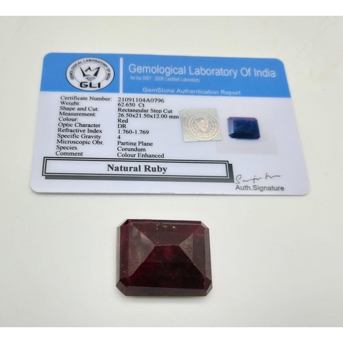 969 - 62.65cts Loose Ruby Gemstone. Rectangular step cut. GLI certified.